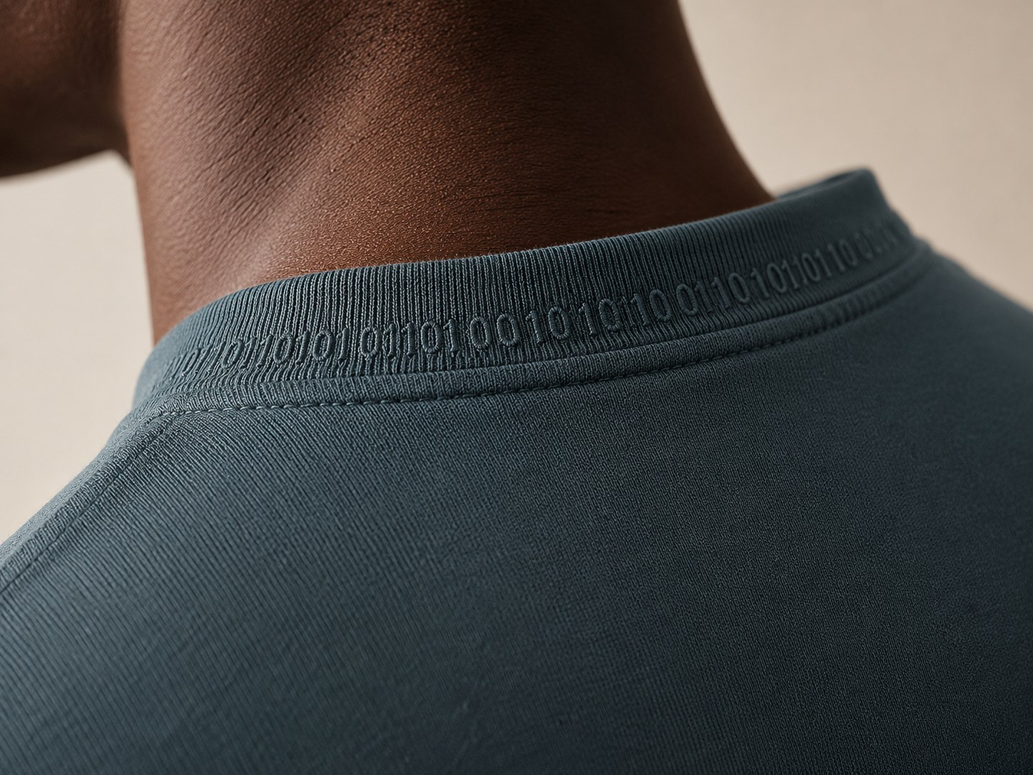 Macro detail of the ribbed collar with a fine tone-on-tone embroidered ASCII signature