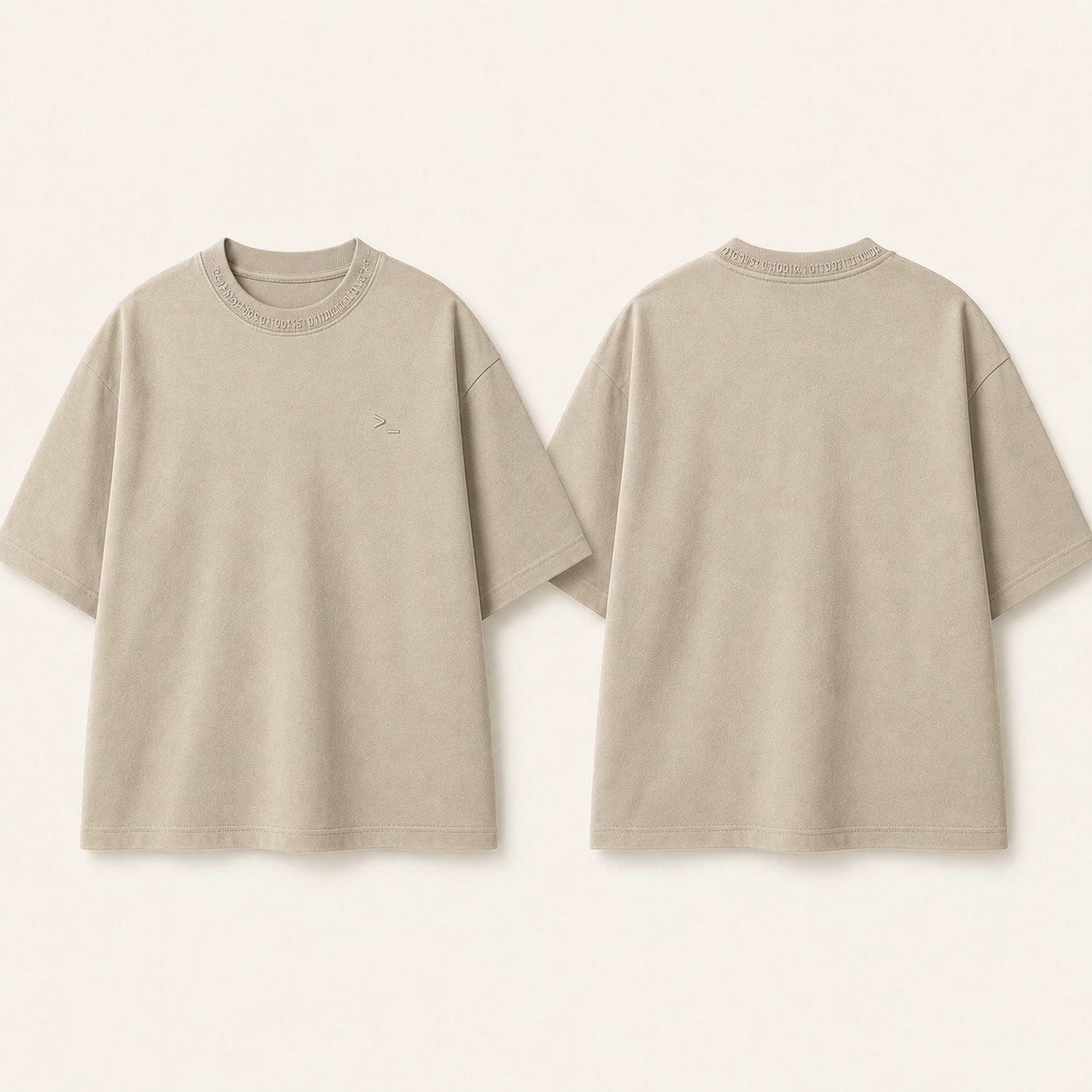 CORE TEE / BUILD 001 shown front and back, OAT STATIC colourway