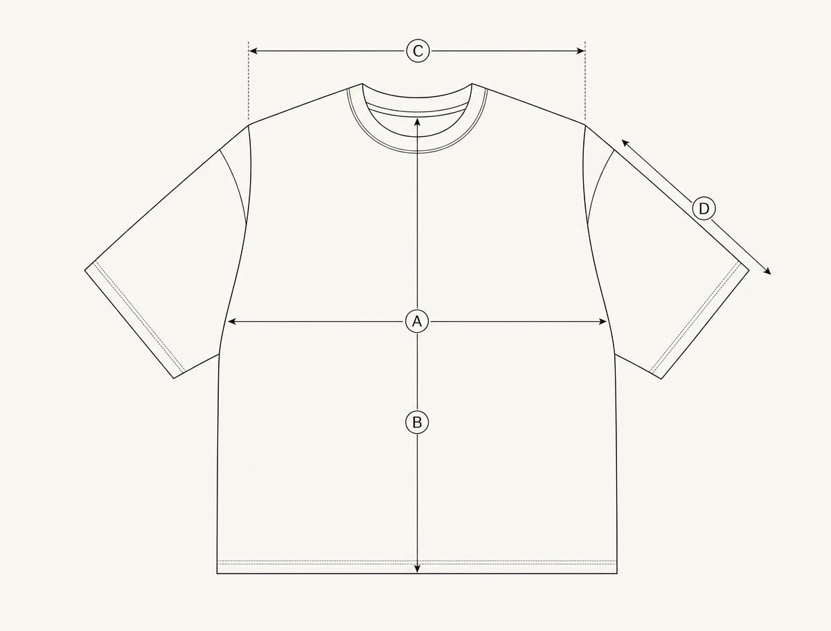 Schéma technique d’un t-shirt à plat avec quatre repères de mesure : A largeur de poitrine, B longueur de dos, C largeur d’épaules, D longueur de manche